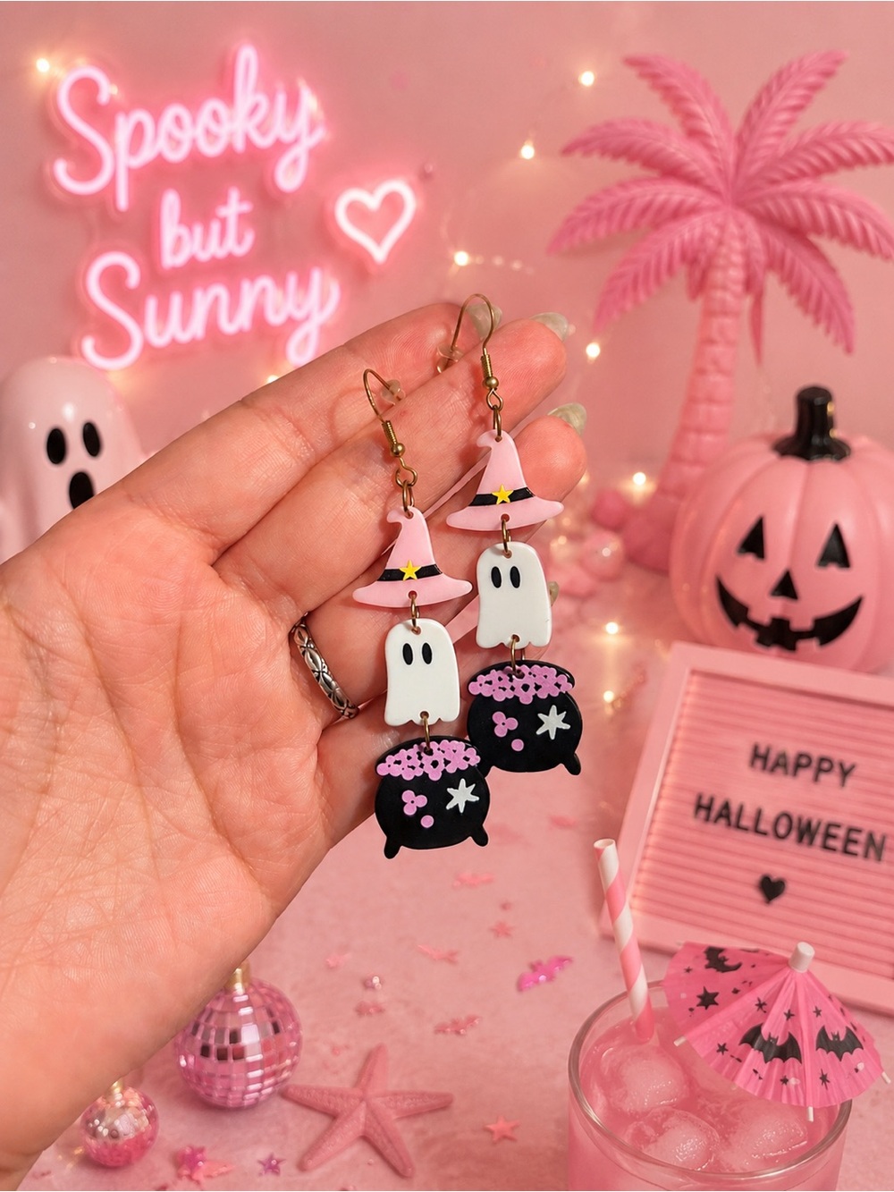 Pink Summerween Witch Hat Ghost & Cauldron Dangle Earrings